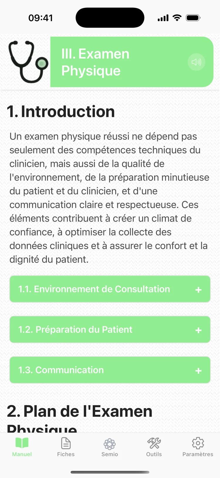 Chapitre « Examen physique » ouvert dans le manuel, avec ses sections dépliables et le bouton de lecture audio
